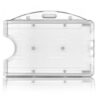 Rigid transparent badge holder with horizontal fastener back side