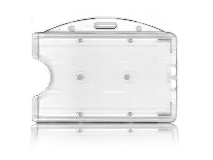 Rigid transparent badge holder with horizontal fastener back side