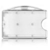 Rigid transparent badge holder with horizontal fastener front side
