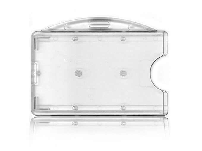 Rigid transparent badge holder with horizontal fastener front side