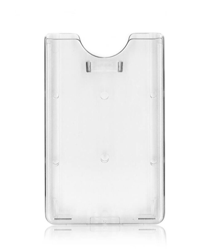 Rigid transparent badge holder with vertical fastener front side