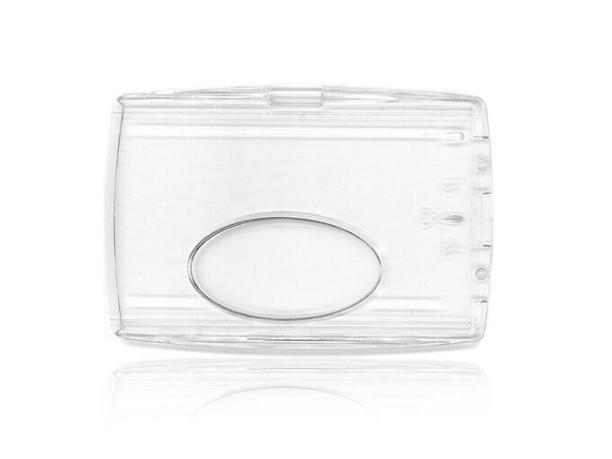 Rigid transparent badge holder with low window and horizontal fastener back side