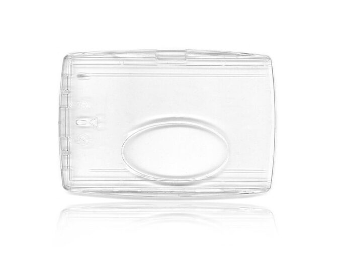 Rigid transparent badge holder with low window and horizontal fastener front side