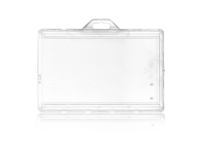 Rigid transparent security badge holder with locking lug back side