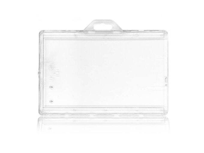 Rigid transparent security badge holder with locking lug front side