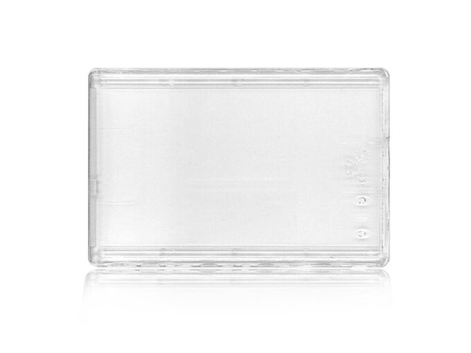 Rigid transparent card holder with locking lug back side