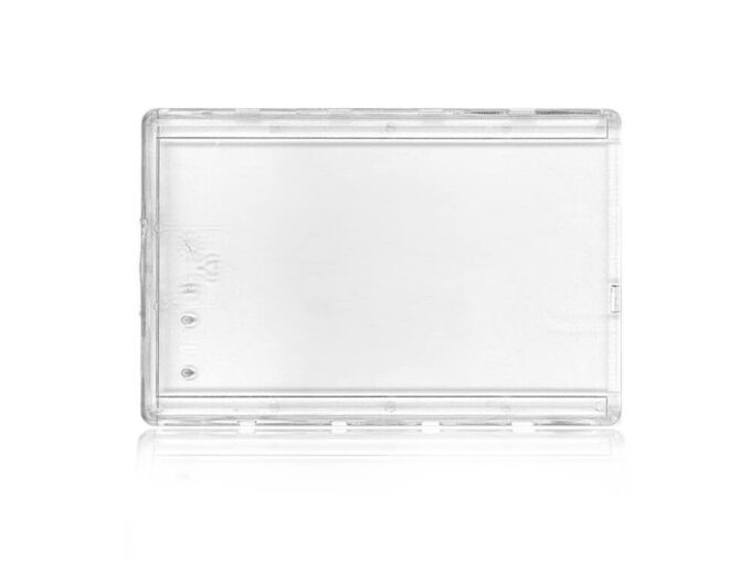 Rigid transparent card holder with locking lug front side