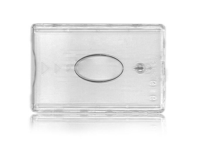 Rugged transparent card holder with central window and universal brake back side