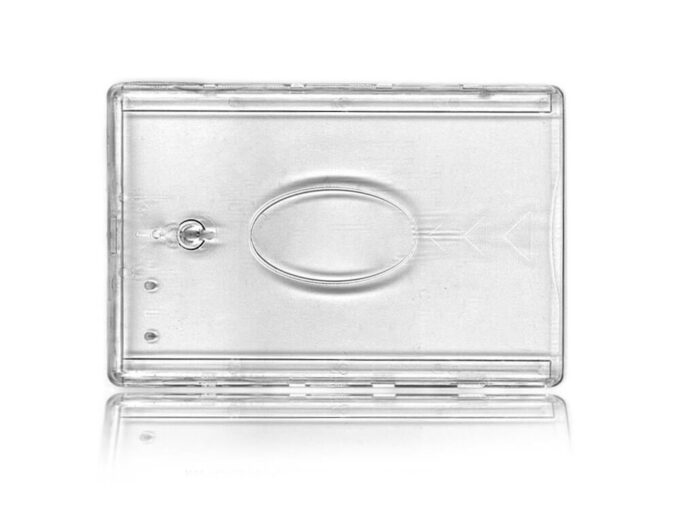 Rugged transparent card holder with central window and universal brake front side