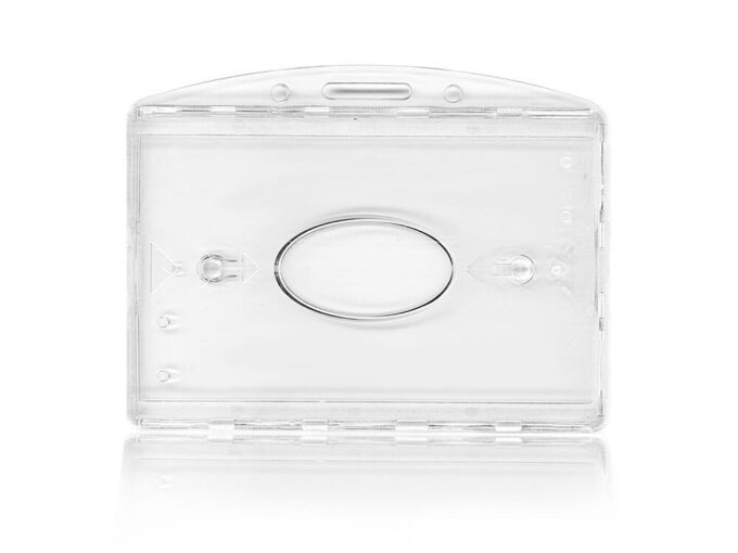 Rugged transparent double badge holder with horizontal fastener back side