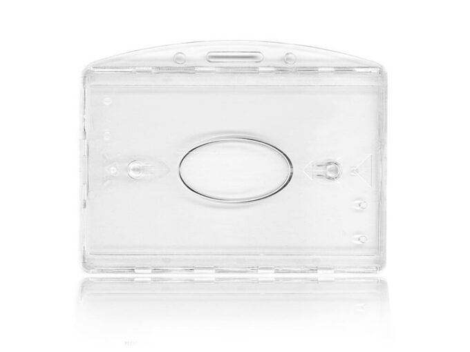 PRugged transparent double badge holder with horizontal fastener front side